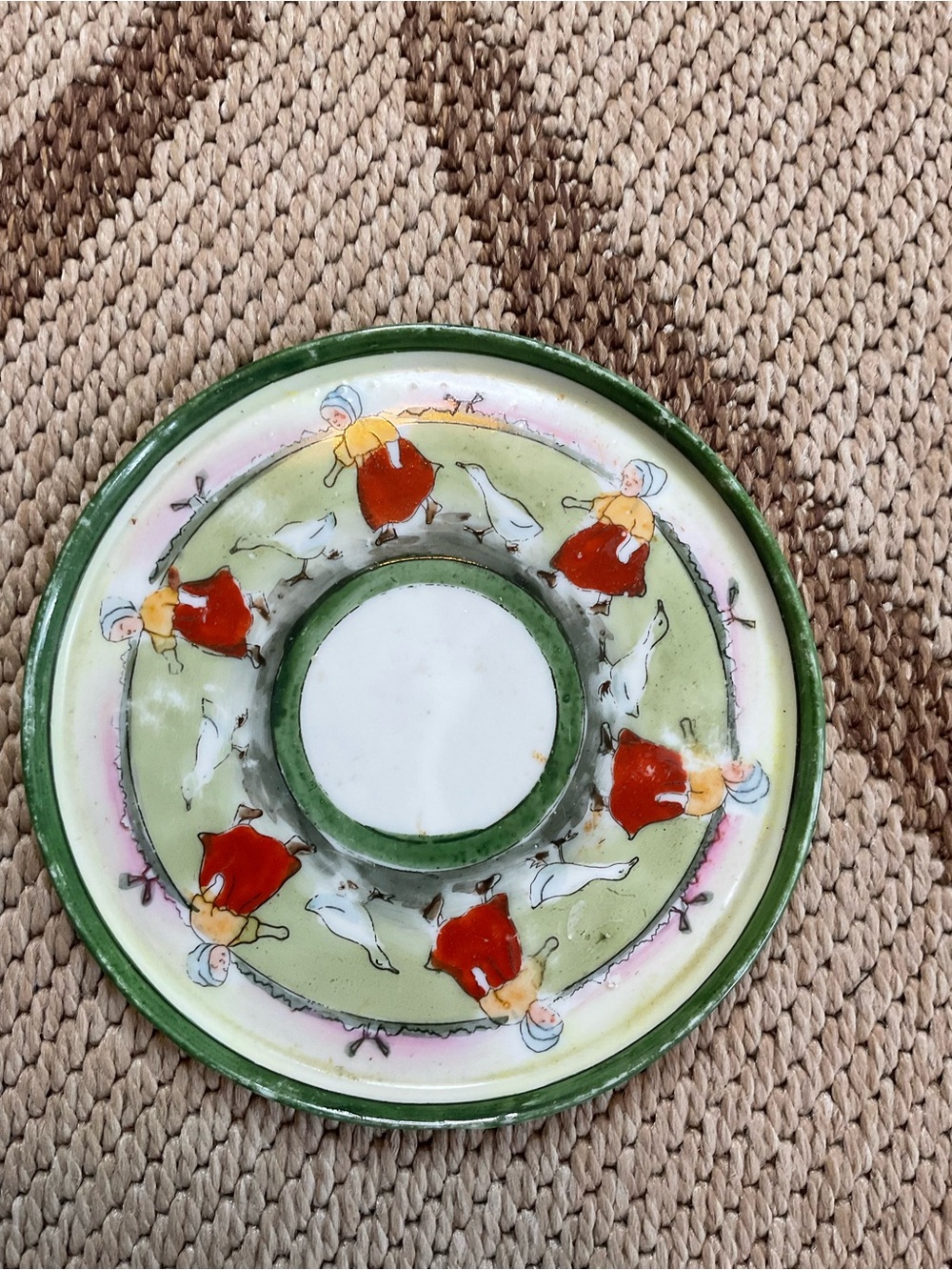 Vintage Japanese Ceramic Saucer with Green Rim and Red Accents